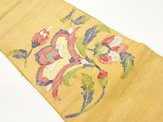 手織り紬花唐草模様織出し名古屋帯